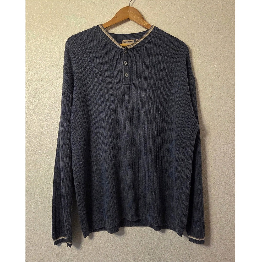 High Sierra Ramie Cotton Henley Sweater Blue Ribbed‎ Long Sleeve XL